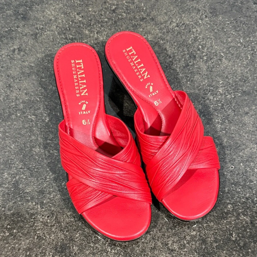 Italian Shoemakers Red Leather Cross-Band Slide Wedge Sandals Size 6.5